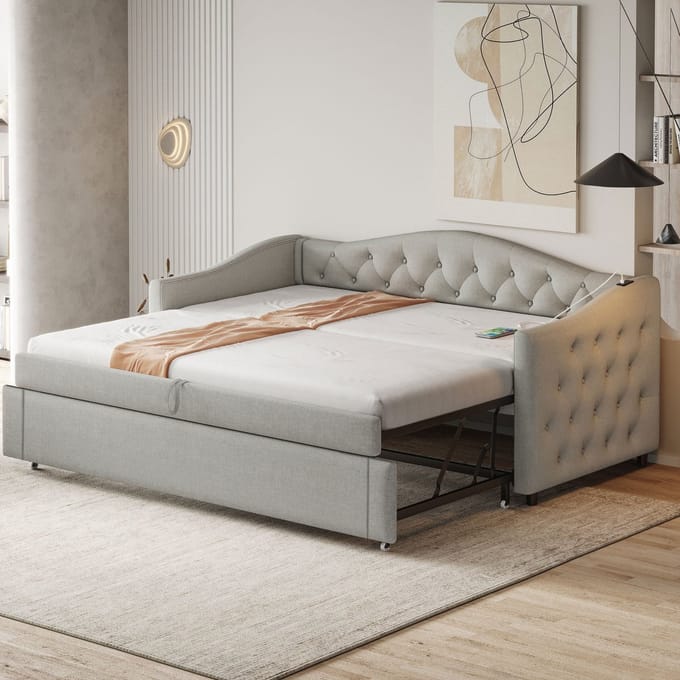 MODFU Ledikant 90x200 cm – grijs linnen – dagbed met USB, knopontwerp en lattenbodem