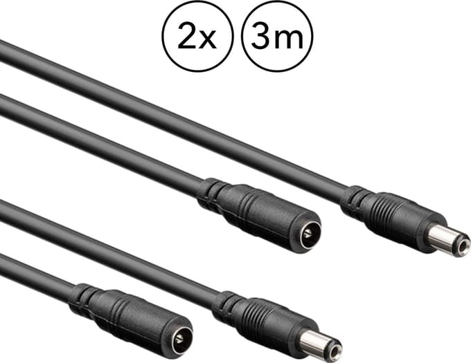 2 x Verlengkabel met DC plug - 3 meter - 5,5 x 2,1 mm - 12V / 24V 3A