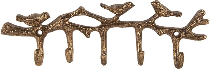 Clayre & Eef Wandkapstok 5 Haken Vogels 18x2x6 cm Goudkleurig Metaal