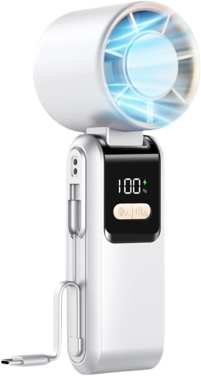 VHV - Handventilator - draagbare USB ventilator voor thuis, kantoor en picknick - compact ontwerp met display en instelbare standen - wit ABS 17.2 x 6 x 6 cm