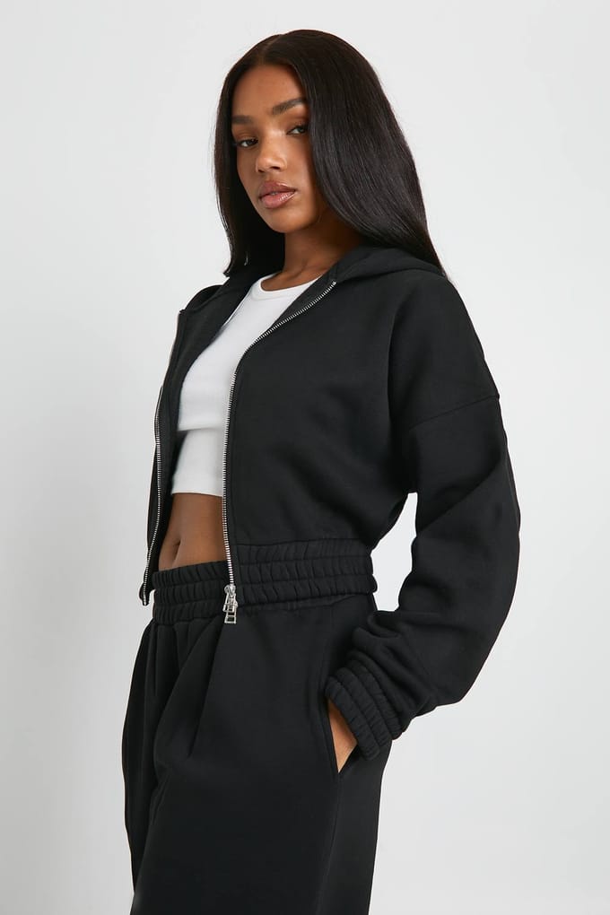 boohoo Dames Afgekorte dubbele ritssluiting hoodie met getailleerde taille | Zwart | Maat: Medium