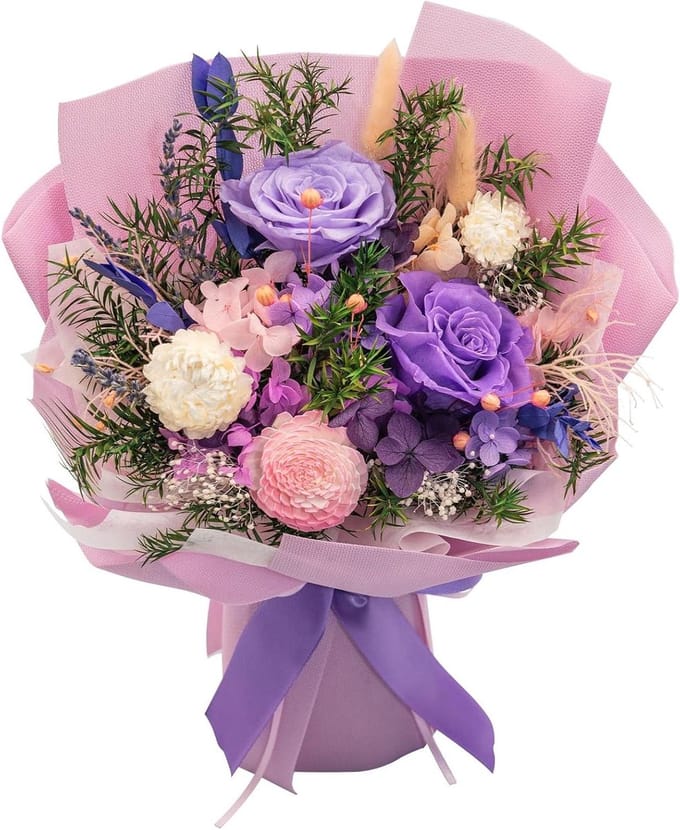 Bloemboeket - Echte rozen - Decoratie - Langdurig - 37 cm - Lila paars