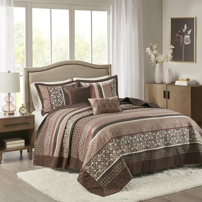 Park Quilt Set Traditionele Jacquard Luxe Desig, Polyester, Rood/Bruin, Oversized King (120"x118")