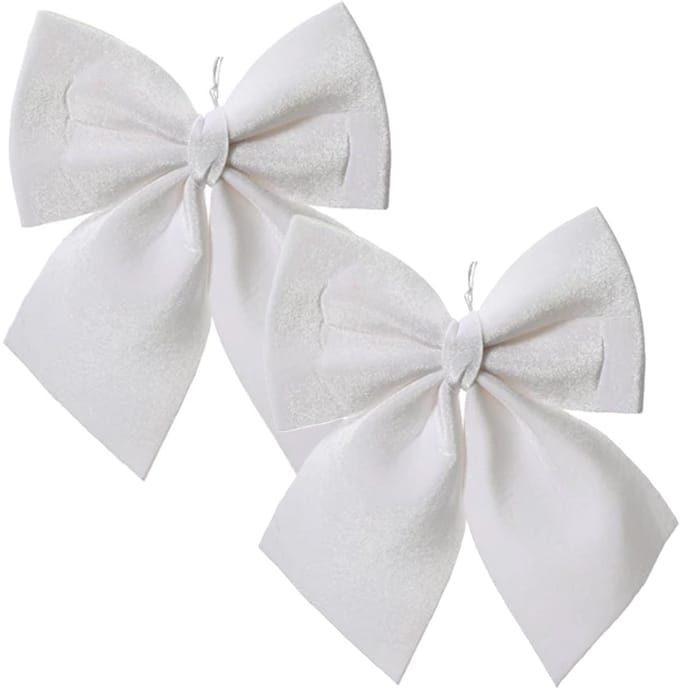 Decoris Kersthanger strik - 2x - wit - polyester - glanzend - 24 cm - kerstornament - kerststrikken