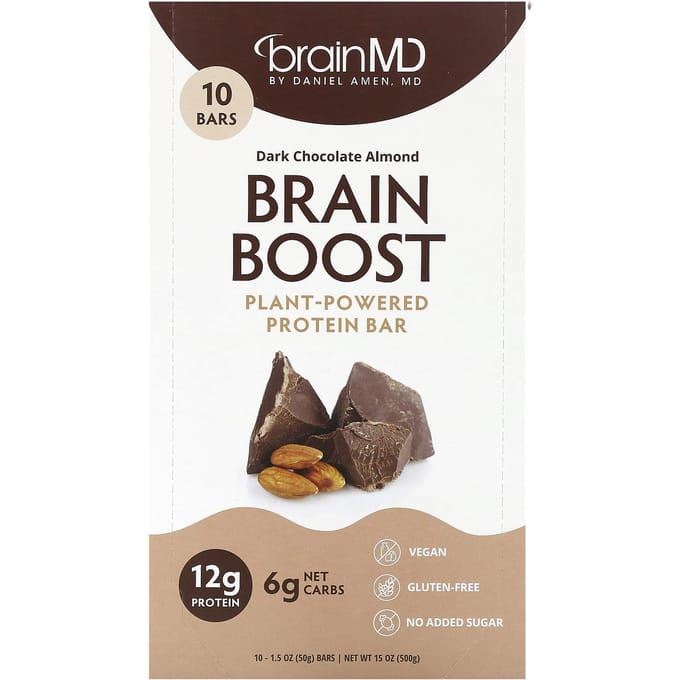 BrainMD, Brain Boost, Barres protéinées végétales, Chocolat noir et amandes, 10 barres, 42 g (50 grammes) Chaque