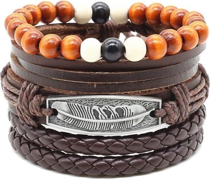 Fako Bijoux® - Leren Armband - Leder - Set Veer - Donkerbruin