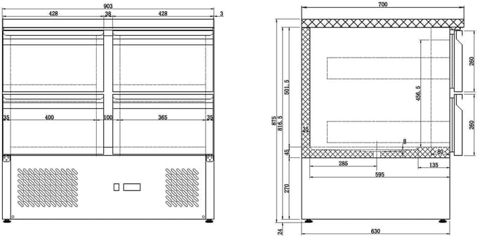 Combisteel Koelwerkbank - COMPACT LINE - 257L - 4 Laden - +2°C/+8°C - Statisch + Ventilator - 900x700x875mm