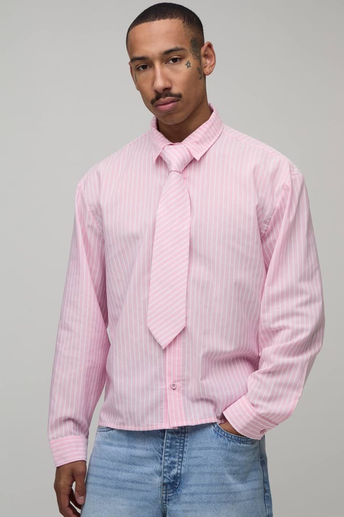 Oversized Boxy Gestreept Overhemd Met Stropdas | Pink | Size XL
