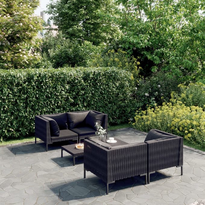 vidaXL - 5-delige - Loungeset - met - kussens - poly - rattan - donkergrijs