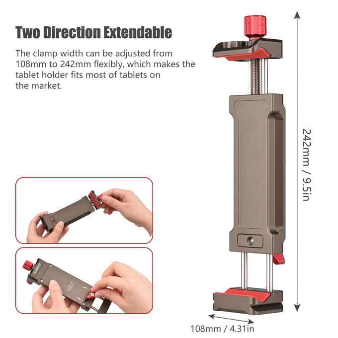 Andoer Universele Tablet Statiefbevestiging Aluminiumlegering Tablethouder 108-242mm Verstelbare Klembreedte zwart