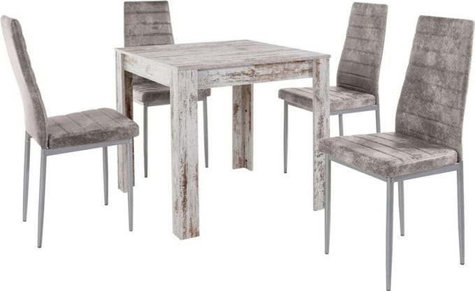 Set eettafel 80 cm en 4 stoelen in grijze microvezel