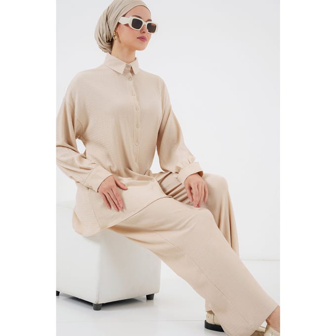 Gestructureerde Brei Co-Ord Set met Kraag