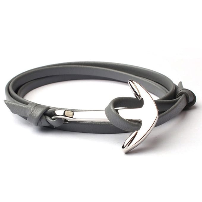 Anker armband leren koord grijs met Zilverkleurig