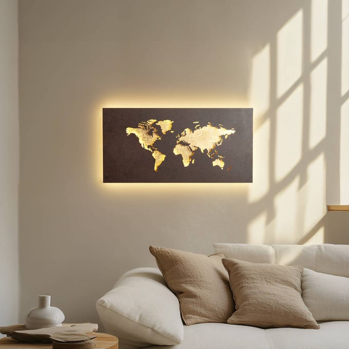 Lucande LED wandlamp World, roest/goud, 60 cm x 30 cm