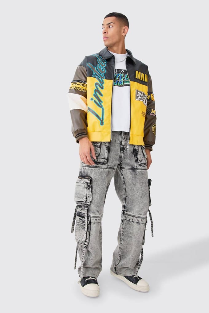 Baggy Rigid Multi Cargo Pocket Strap Detail Acid Wash Jeans | Charcoal | Size 36R