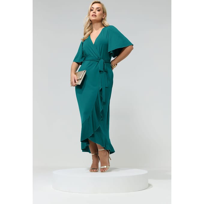 Yours London Groene Wikkelmaxijurk Met Korte Mouwen En Ruches Size 44