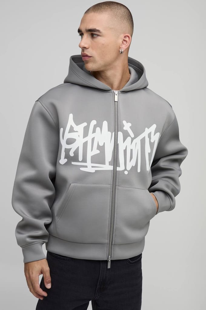Oversized Boxy BHM Graffiti Bonded Scuba Printed Zip Through Hoodie | Charcoal | Size Small
