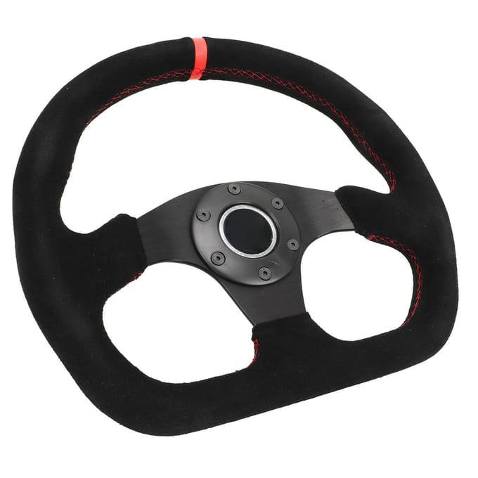 Volant Forme D 12,8 pouces Cuir Daim Style Course avec Coutures Rouges et Bouton Klaxon black