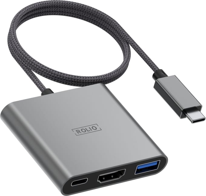 Rolio USB C naar HDMI Adapter - 3 in 1 - 35cm kabel - 4K HDMI - USB 3.0 - USB-C Opladen - Premium Kwaliteit