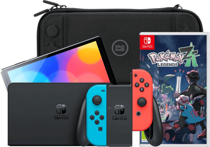 Nintendo Switch OLED Blauw/Rood + Pokémon Legends: Z-A + BlueBuilt Beschermhoes