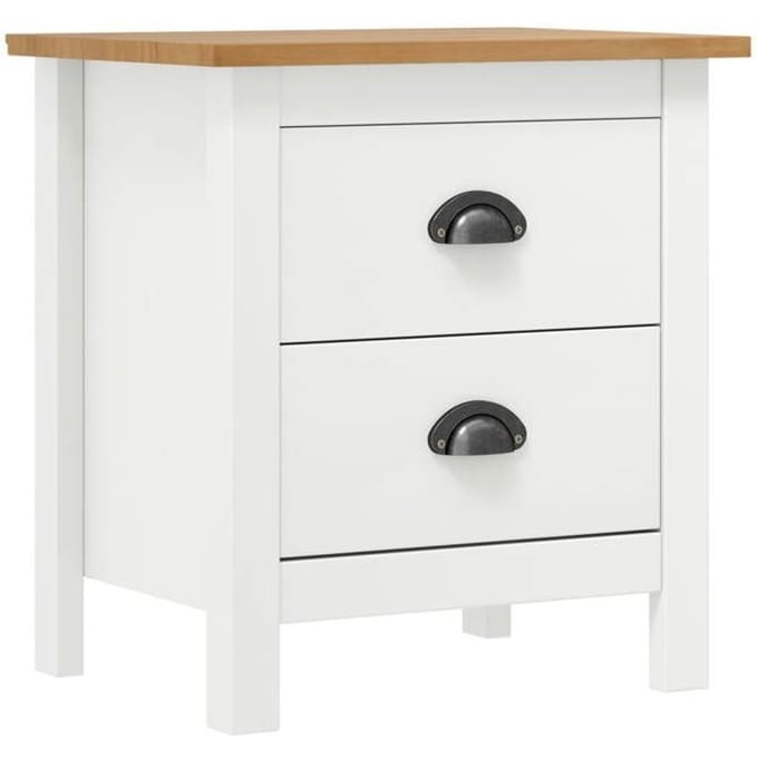 Table de chevet - Hill - Bois de pin massif - 2 tiroirs - Blanc et marron miel wit