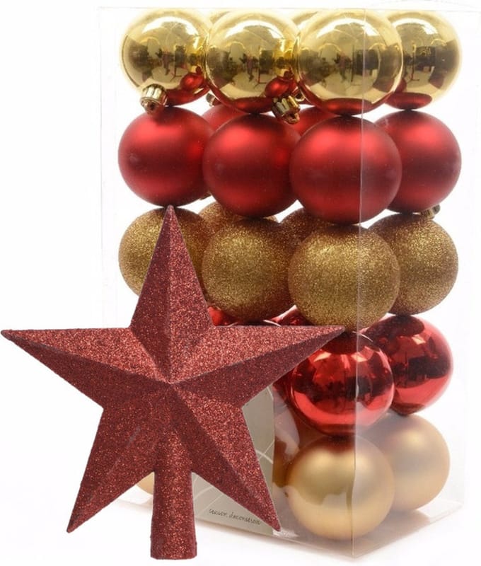 Decoris Kerstballen - 30x stuks - 6 cm rood-goud - met ster piek rood - kunststof
