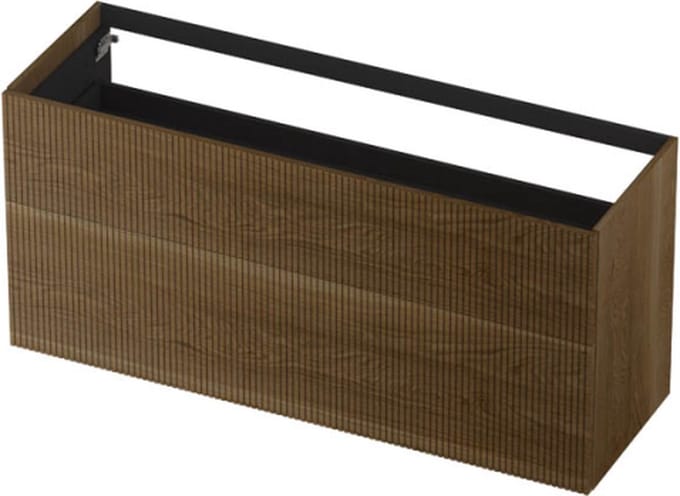 INK® wastafelonderkast 2 laden greeploos push to open echt hout met verticaal gefreesd front 140x45x65cm, massief eiken ash grey