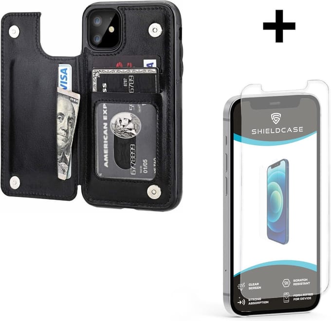 ShieldCase Wallet case geschikt voor Apple iPhone 12 Mini - 5.4 inch - ruimte voor pasjes - pasjeshouder - portemonnee - zwart + glazen Screen Protector
