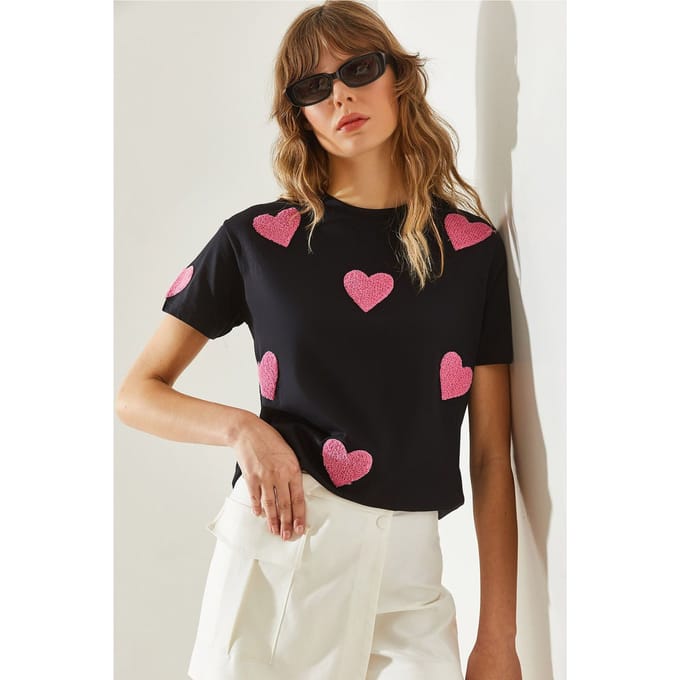Hartpatroon Geborduurd T-Shirt met Ronde Hals
