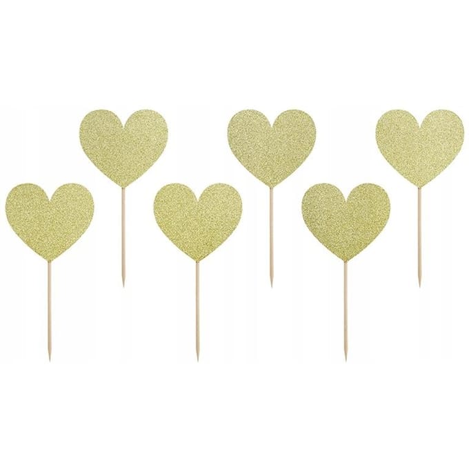 PARTYDECO - 6 gouden hartjesprikkers met glitter 11 cm