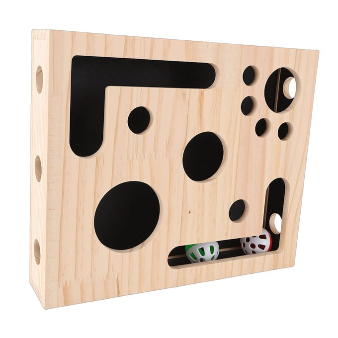 Boîte à jouets puzzle interactive pour chat en bois massif, boîte d'enrichissement griffoir pour entraînement de l'intelligence, pour chaton d'intérieur beige