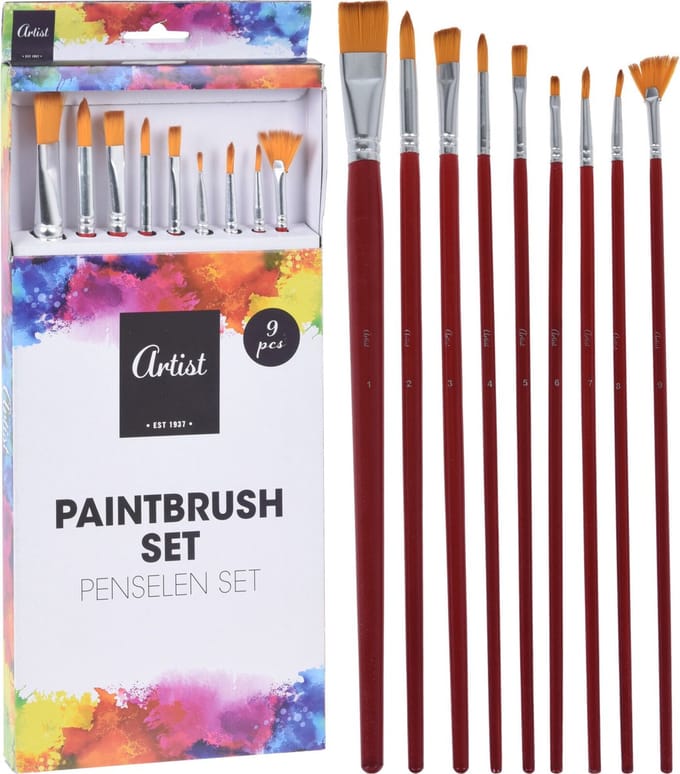 Hobby schilderen penselen set van 9x stuks - Diverse formaten - Nylon/hout