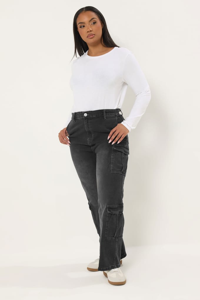 Yours Zwarte Cargo Jeans Met Wassend Effect Size 48