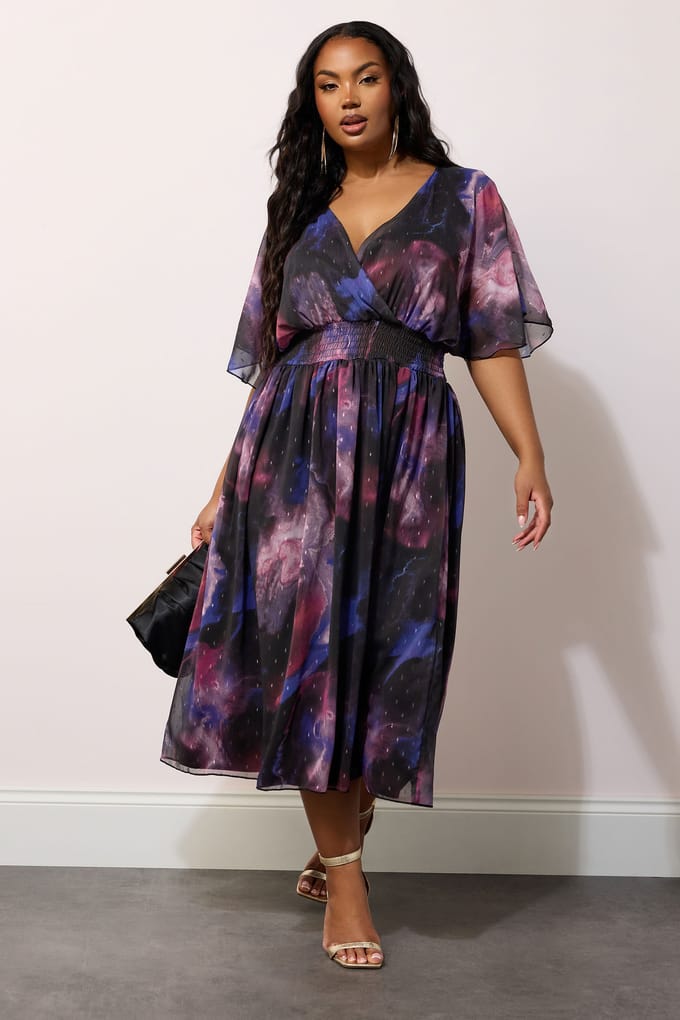 Yours London Midijurk Met Abstracte Print En Elastische Taille In Metallic Zwart Size 46