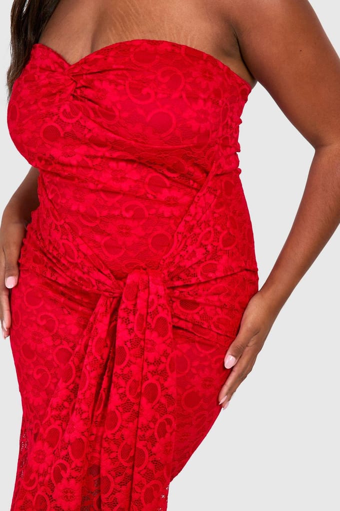 boohoo Dames Plus Strapless Lace Bodycon Jurk | Donkerrood | Maat: 56