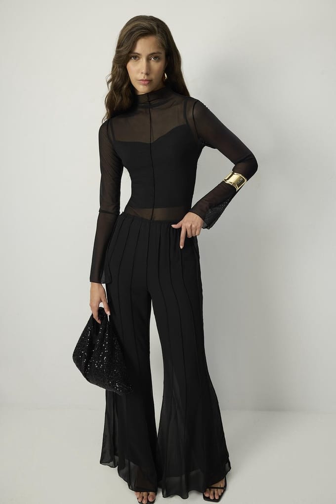 Touché Privé - Geribbelde chiffon broek - Zwart - Dames