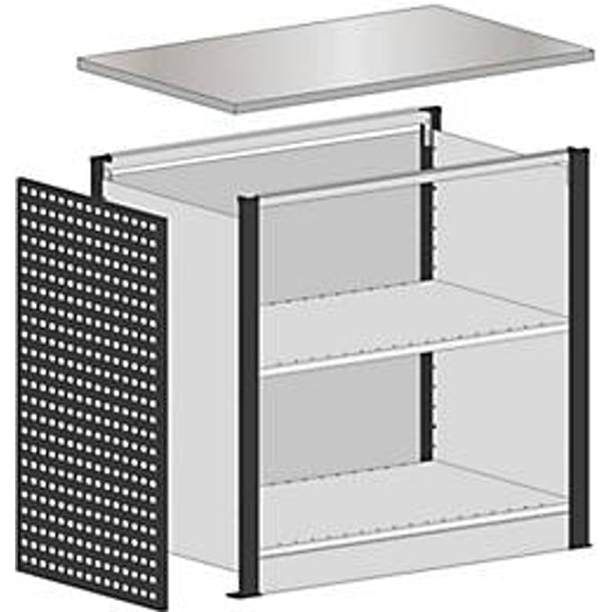 Schulte Lagertechnik Startermodule voor uitschuifbaar baliesysteem MULTIplus, 2 moduleframes/1 eindpaneel, met werkblad, breedte boven 1056 mm