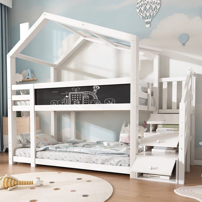 Stapelbed - 90x200 - Boomhut Design Met Opbergruimte - Valbeveiliging - Grenenhout - Wit