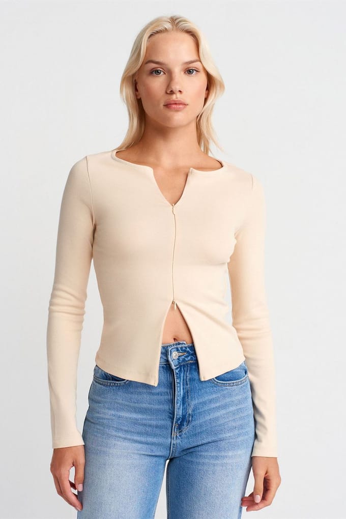 Slim Fit Katoenmix Rits Blouse