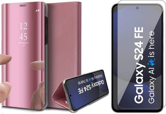 Hoesje geschikt voor Samsung Galaxy S24 FE - Screenprotector Glas - Spiegel Book Case Rosegoud