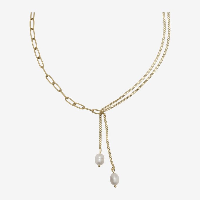 Essenza Mixed Chain Two Pearls Charm Necklace Gold
