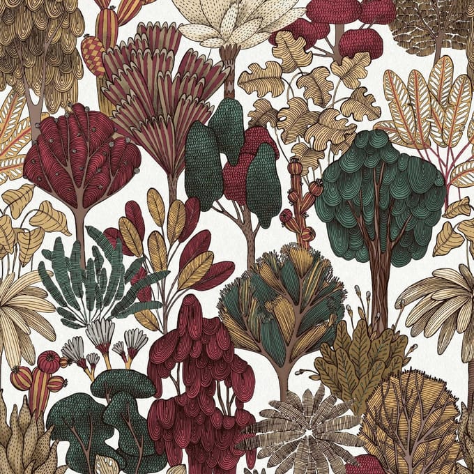DOODLE DESIGN BOMEN BEHANG | Retro - groen rood wit beige - "Architects Paper" A.S. Création Floral Impression