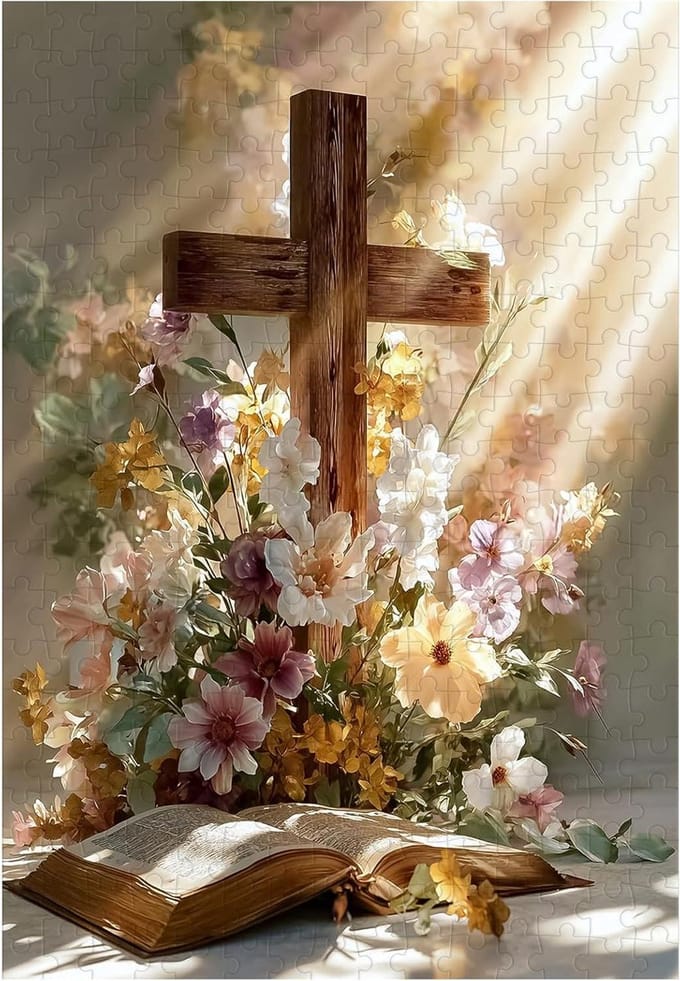 Puzzel Religieus Kruis - Bloemen Puzzel - Ontspanning Thuis - HD Print Kwaliteit - 300 Stukjes - Multicolor