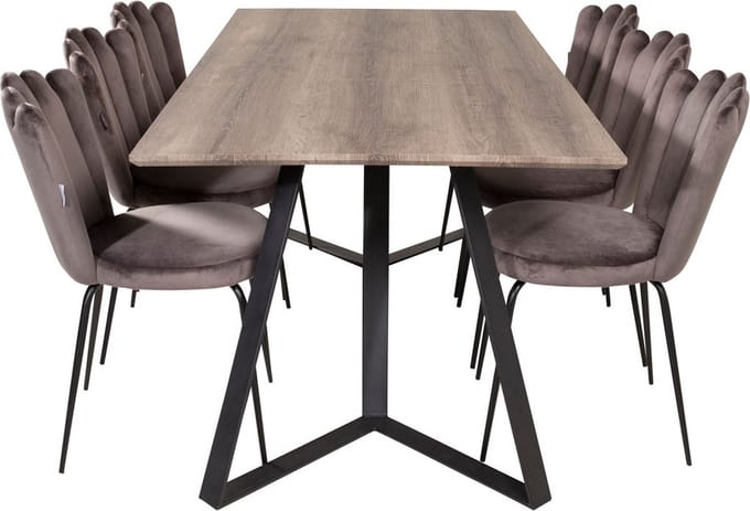 MarinaGRBL eethoek eetkamertafel el hout decor grijs en 6 Limhamn eetkamerstal velours grijs.