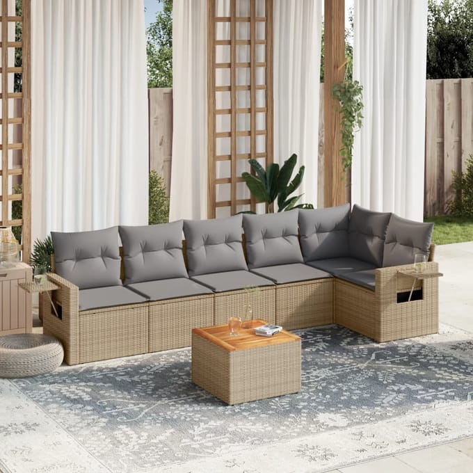 vidaXL - 7-delige - Loungeset - met - kussens - poly - rattan - beige