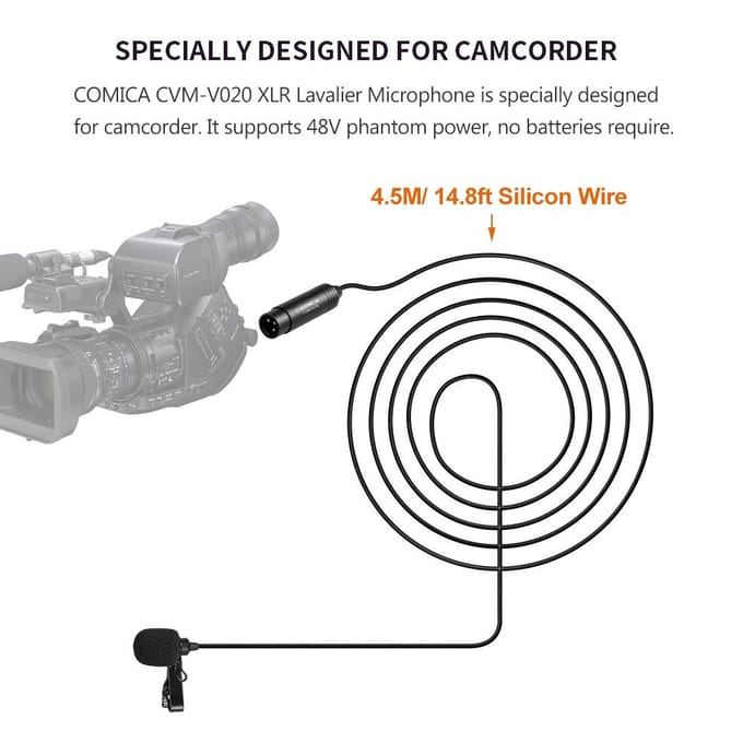 COMICA CVM-V02O Omnidirectionele Lavalier Reversmicrofoon Condensatormicrofoon XLR-stekker Ondersteunt 48V 1.8M zwart