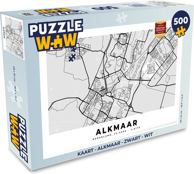 Puzzel Kaart - Alkmaar - Zwart - Wit - Legpuzzel - Puzzel 500 stukjes