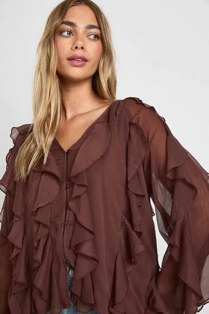 boohoo Dames Chiffon blouse met ruches | Chocolate | Maat: 6