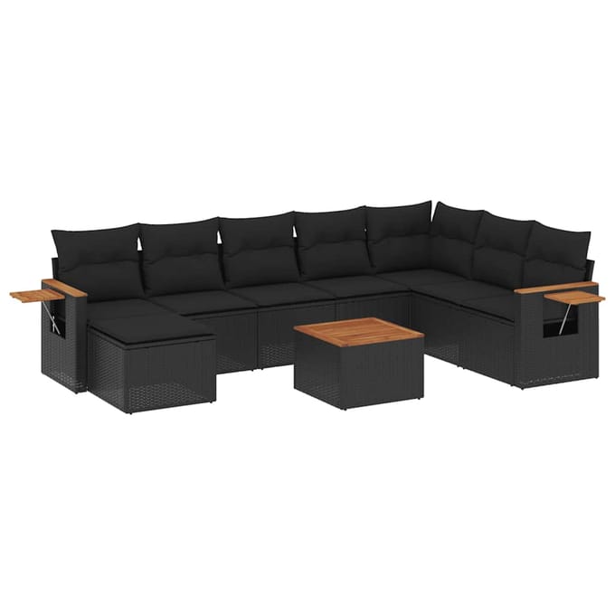vidaXL - 9-delige - Loungeset - met - kussens - poly - rattan - zwart