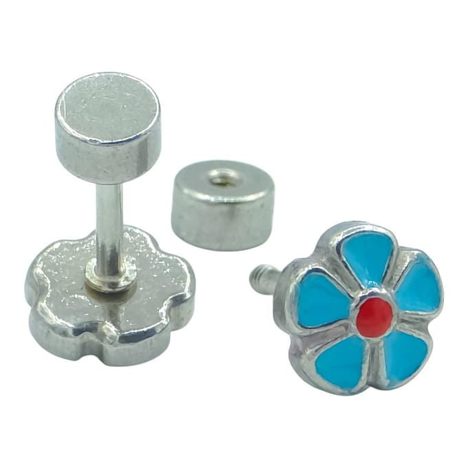 Hypoallergene Kinderoorbellen - Blauwe Bloem & Schroefsluiting - 5mm